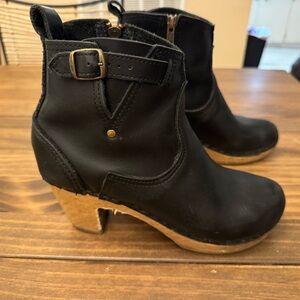 Black Leather Clog Heel Boots